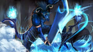 藍色惡魔與戰士在充滿魔法能量的戰鬥場景中交鋒。 — 野獸先生 壁紙