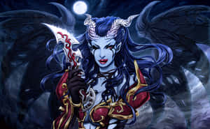 藍皮膚的惡魔女子，有翅膀和角，在月光下拿著發光的劍。 — 16:10 壁紙