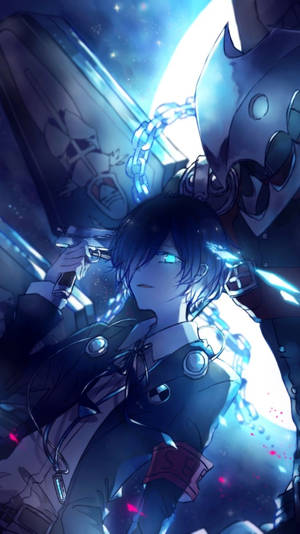 發光眼睛的動漫男孩瞄準槍，身後有一個機械騎士站在星空之夜。 — 女神異聞錄3 壁紙