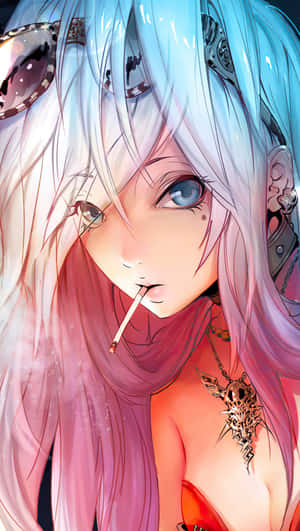藍粉髮色的動漫少女戴著太陽眼鏡和尖刺項鍊抽煙。 — 抽菸 壁紙