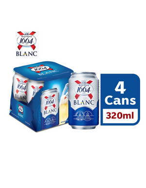 四罐320毫升Kronenbourg 1664 Blanc啤酒，藍色包裝，帶有品牌標誌。 — 啤酒 壁紙