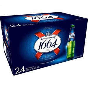 一箱24瓶Kronenbourg 1664啤酒，附有品牌標誌和酒精含量資訊。 — 高清 壁紙