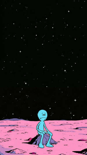 藍色卡通人物獨自坐在粉紅色外星景觀上，背景是星空。 — 高畫質月亮 壁紙