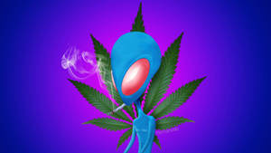 藍色外星人吸食大麻煙與大麻葉在紫色背景上 — 藍色煙霧 壁紙