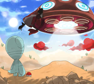 一個卡通生物看著一個UFO在紅雲和明亮太陽的沙漠上空盤旋。 — 沙漠 壁紙