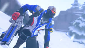 身穿藍色盔甲的Overwatch角色蹲在雪景中，手持武器。 — 軍事動圖 壁紙