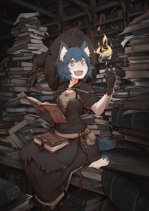 狐狸耳朵的動漫女孩在書堆環繞下閱讀書籍，伴隨著漂浮的火焰。 — 前衛動漫 壁紙