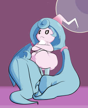 一個藍色頭髮的動漫角色坐在紫色地板上抱著一個白色球。 — Pokémon 手機 壁紙
