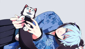 藍色頭髮的動漫角色穿著花卉和服抱著貓咪絨毛玩具。 — 黑子的籃球 壁紙