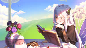 動漫女孩在花園桌子上看書，旁邊有茶和玫瑰。 — Re:從零開始的異世界生活 壁紙