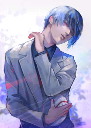 藍髮紅眼動漫男孩穿著灰色西裝手持發光球體。 — 東京喰種角色 壁紙