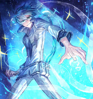 藍髮銀裝的動漫角色在太空中引導發光能量。 — Galaxy Z Flip7 FE 壁紙