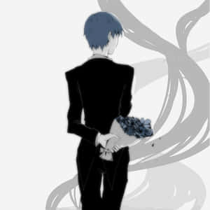 穿著黑色西裝的動漫男孩手持藍色花朵，背景是旋轉的灰色。 — 黑川伊佐那 壁紙