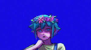 藍髮動漫角色戴著花冠，看起來悲傷流淚 — Omori GIF 壁紙