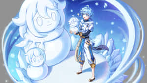 藍髮冰甲動漫角色，在雪生物和冰晶附近拿著雪球。 — 夜魔俠 壁紙