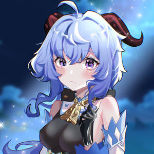 藍髮有角的動漫女孩，背景是星空。 — 原神 壁紙