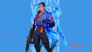 藍髮和能量刀片的未來風格盔甲動漫角色 — 電玩遊戲 GIF 壁紙