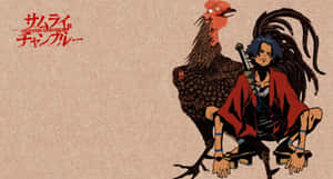 藍髮紅袍的武士角色坐在一隻大公雞旁邊。 — 動漫桌面 壁紙