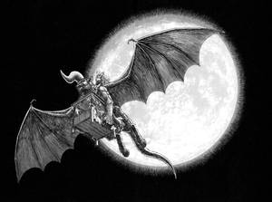 一個帶有蝙蝠翅膀的惡魔生物在滿月前的夜空中騎著馬車。 — 烙印勇士 壁紙