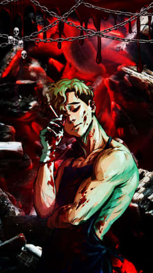 一個血淋淋的動漫男人在帶有鎖鏈和頭骨的燃燒地獄場景中抽煙。 — 昏暗 壁紙
