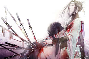 一個受傷的武士在櫻花和散落的劍中抱著倒下的同伴。 — 火影忍者 卡卡西 壁紙