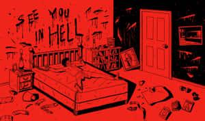 一個男人被鎖鏈鎖在床上，房間帶有紅色調，塗鴉寫著see you in hell。 — 印象派 壁紙