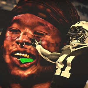 血腥足球運動員，有金牙和綠色舌頭，疊加戴頭盔球員。 — Alvin Kamara 壁紙