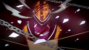紅眼動漫戰士被鎖鏈和玻璃碎片束縛在太空中。 — 電玩遊戲 GIF 壁紙
