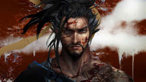 一個血跡斑斑的動漫武士，帶有紋身和強烈的凝視。 — 精細 壁紙