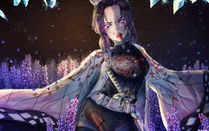 貓耳動漫戰士渾身是血，站在星空下的紫色花朵中。 — 鬼殺隊 善逸 壁紙