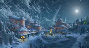 雪中奇幻村莊，發光的窗戶和中央火堆，明亮的月光下。 — 午夜 壁紙