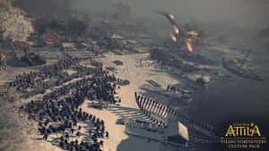 維京戰士在雪地村莊中戰鬥，船隻燃燒，濃煙升騰。 — 低調 壁紙