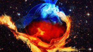 一個熾熱而冰冷的宇宙球體在繁星點點的夜空中旋轉。 — 火焰與冰 壁紙