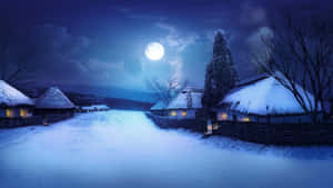 滿月下夜晚白雪覆蓋的村莊，窗戶閃爍著光芒。 — 冬季美學 壁紙