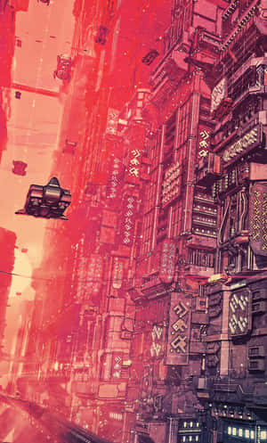 未來城市，有飛行汽車和高聳建築，在紅色霓虹燈光下。 — Pixel 9 壁紙
