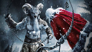 帶鎖鏈的惡魔人物在雪地森林中與聖誕老人對峙。 — 可愛聖誕快樂 壁紙
