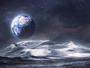 星空下雪覆蓋的外星山丘，地球懸浮在上方太空中。 — 美學天空 壁紙