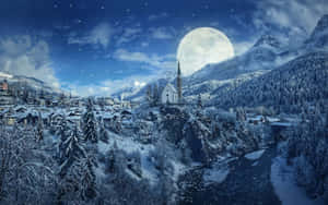 雪覆蓋的山村，滿月星空下的教堂 — 月光 壁紙