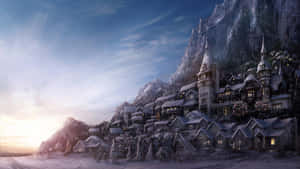 雪覆蓋的山村，黎明時窗戶發光 — 冬季風景 壁紙