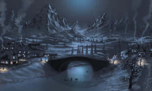 被雪覆蓋的山村夜晚，窗戶發光，石橋橫跨結冰的河流。 — 午夜 壁紙
