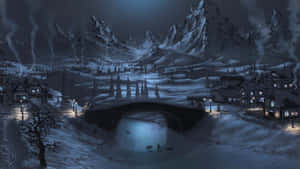被雪覆蓋的山村夜景，有明亮的石橋和人們在結冰的河上划船。 — 冬季風景 壁紙