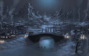 被雪覆蓋的山村夜景，窗戶發光，石橋橫跨結冰的河流。 — 冬季風景 壁紙