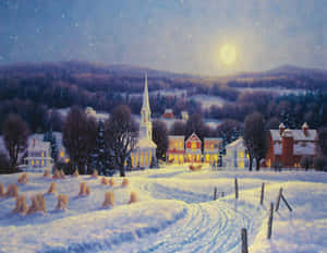 夜晚的雪村，窗戶發光，月光照亮天空。 — 聖誕美學 壁紙