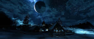 雪村夜景，星空下有大月亮和發光的窗戶。 — 上古卷軸 壁紙