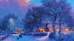 黃昏時分的雪村，窗戶發光，人們遛狗。 — 冬季風景 壁紙