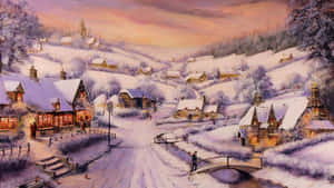 黃昏時分，窗戶閃爍著光芒、橋樑橫跨結冰小溪的雪村。 — 冬季風景 壁紙