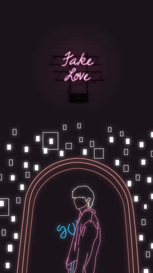 拱門下的人影霓虹輪廓，帶有漂浮的正方形和「Fake Love」標誌。 — 老虎 壁紙