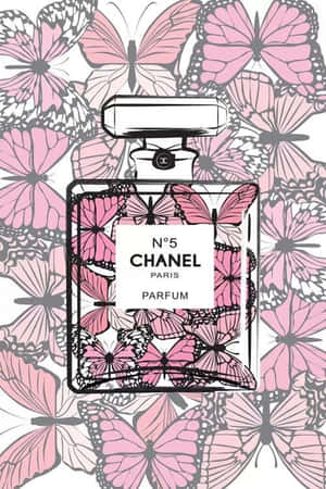 Chanel No 5香水瓶被粉紅色和灰色蝴蝶環繞。 — 香奈兒 壁紙