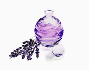 一個薰衣草油玻璃瓶，旁邊有乾薰衣草枝。 — 乾淨 壁紙