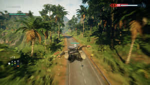 一個電子遊戲角色在有棕櫚樹的叢林道路上滑翔。 — 電玩遊戲 GIF 壁紙